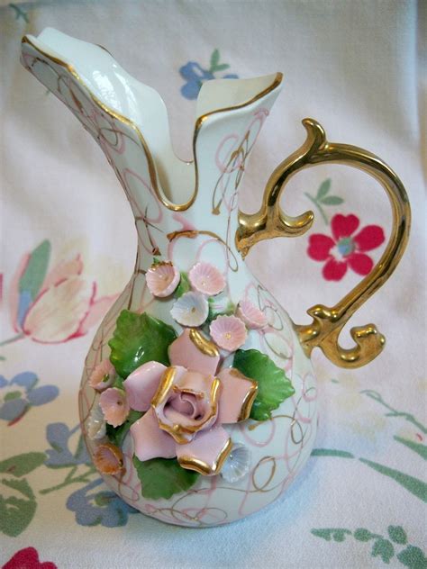 Vintage Lefton China Rose Floral Pitcher Urn Vase Hand Painted
