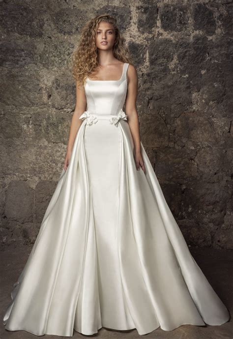 Sleeveless Satin Square Neck Mermaid Wedding Dress With Pearl Belt And Overskirt Kleinfeld Bridal