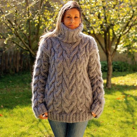 Light Gray Cable Hand Knit Mohair Sweater By Extravagantza Sweaters
