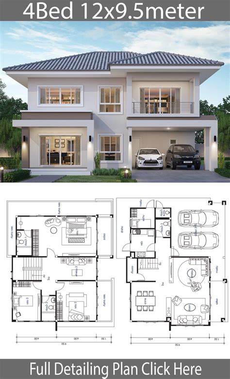 2 Story 4 Bedroom House Plans Modern Design House Design Plan 12×9 5m