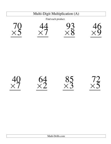 Use the relationship between multiplication and division to justify conclusions (e.g., 4 ÷ (1/5) = 20 because 20 x (1/5) = 4). Multiplying Two-Digit by One-Digit -- 8 per page (A)