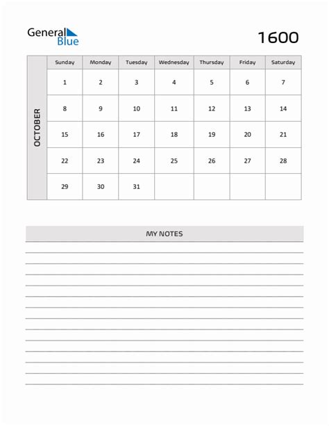 October 1600 Calendars Pdf Word Excel