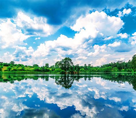 2k Free Download Landscape Reflection Clouds Forest Lake Nature