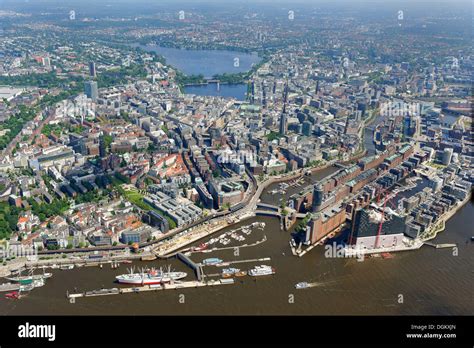 Aerial View Inner City Of Hamburg From The Elbe River To Alster Stock