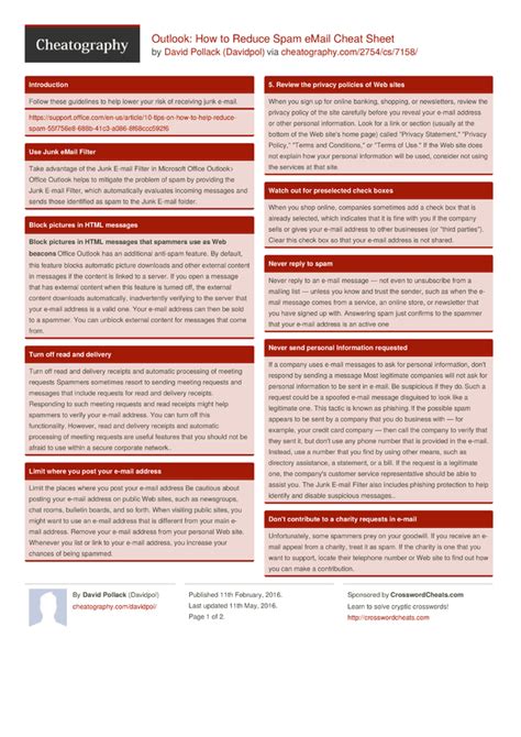 The feature only works with the. Outlook: How to Reduce Spam eMail Cheat Sheet by Davidpol ...