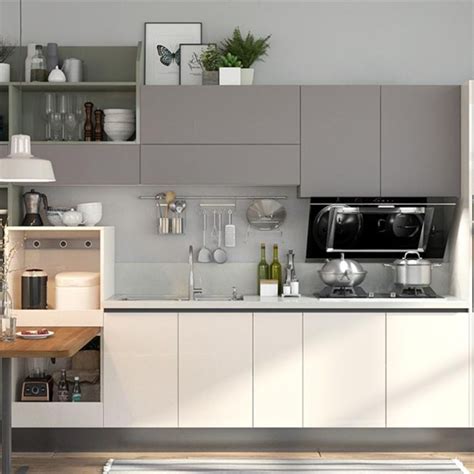 A straight kitchen often appears in small homes and apartments. NL furniture Beige and Gray Lacquer Straight Line Kitchen ...