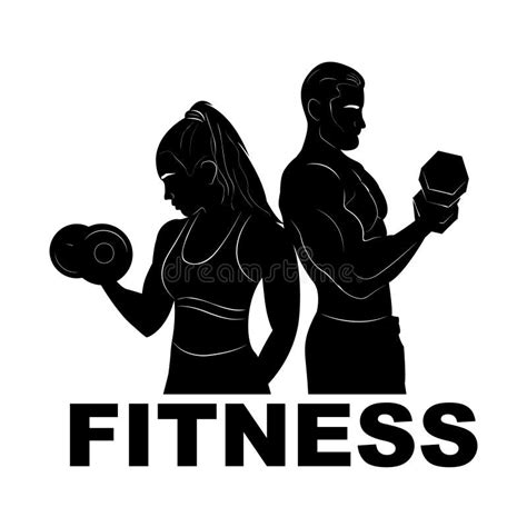 Sport Man And Woman In Training Fitness Silhouette Dumbbells Logo
