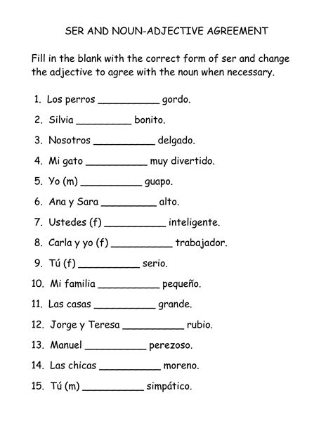Agreement Of Adjectives Spanish Worksheet 1 2 Review Adjective Article