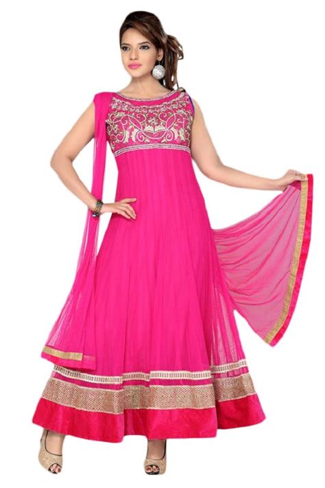 Party Wear Beautiful Rani Pink Net Readymade Anarkali Suit Accented With Stone Resham