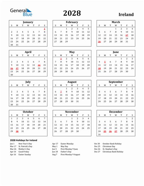 Free Printable 2028 Ireland Holiday Calendar