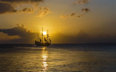 Gold Sunset Ocean Old Pirate Ship With Sail Sky 4k Ultra Hd Wallpaper