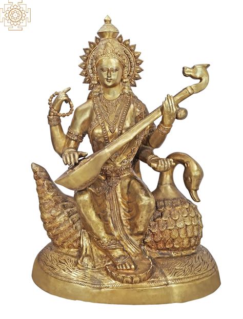 47 Large Size Goddess Saraswati Brass Statue Seated On Swan Handmade Made In India Exotic