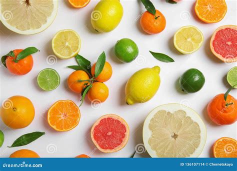 Different Citrus Fruits On White Background Stock Photo Image Of Flat