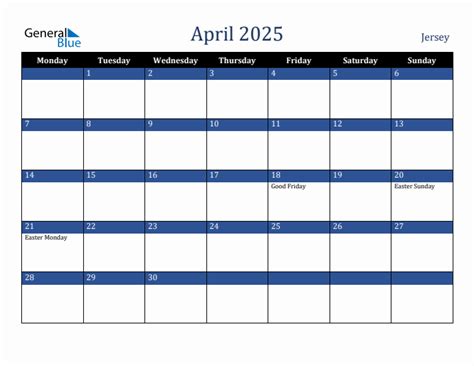 April 2025 Jersey Monthly Calendar With Holidays