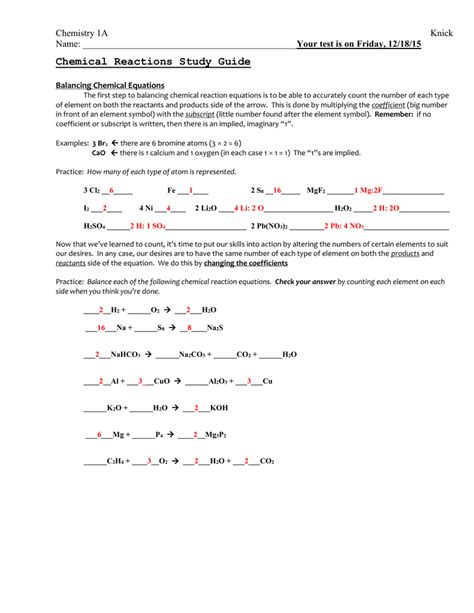 Chemical Reaction Worksheet Answer Key