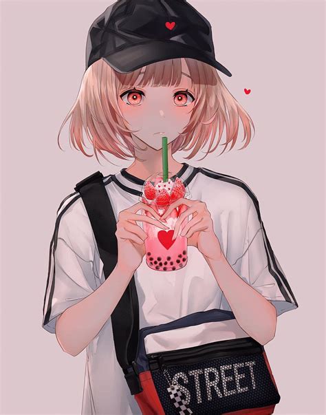 Cute Anime Girl Drinking Boba Bubble Tea Laptop Hd Phone Wallpaper
