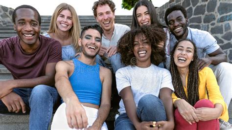 Happy Multiracial Group Of Diverse Friends Hang Out In The City Stock Image Image Of Laughing