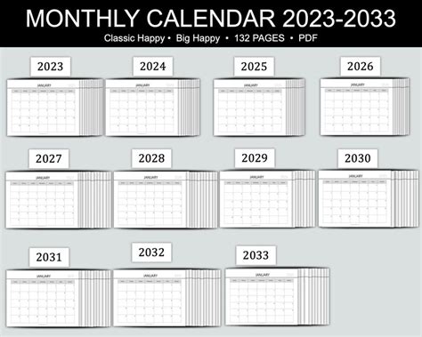 Monthly Calendar 2023 2033 Calendar Planner Printable Etsy Israel