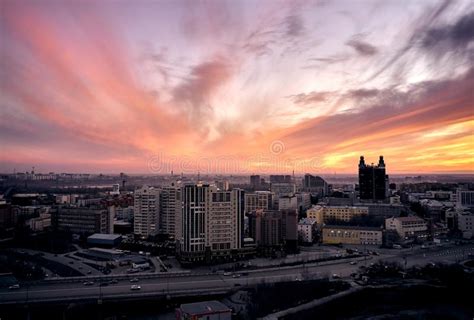 Aerial Shot Of The Siberian Capital Novosibirsk City At Sunset Stock
