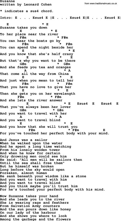 Leonard Cohen song Suzanne, lyrics and chords | Lyrics and chords, Leonard cohen songs, Leonard 