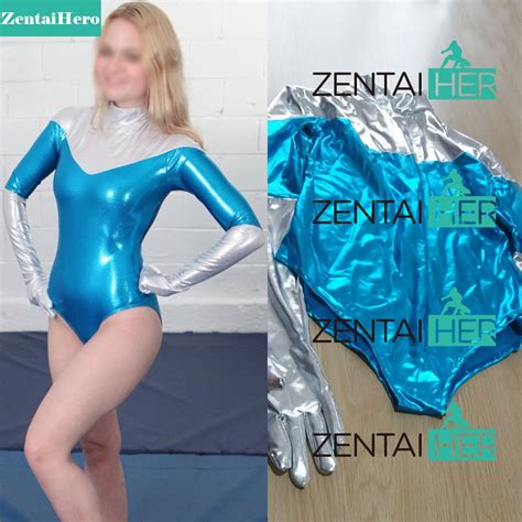 Free Shipping Dhl Sexy Women Silver And Blue Shiny Metallic Zentai Suit Leotard Catsuits For