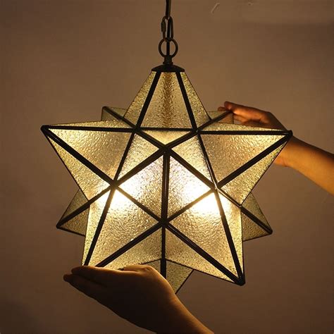 12 Inch Antique Moravian Star Pendant Light Metal Glass Shade Lamp