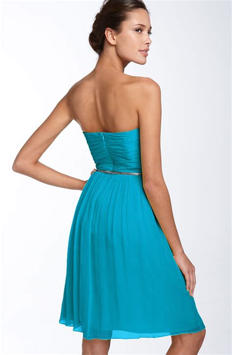 Turquoise Column Strapless Knee Length Zipper Ruched Chiffon Bridesmaid Dresses