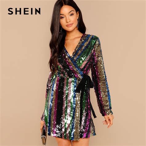 Shein Multicolor Party Highstreet Color Block Sequin Wrap Natural Waist