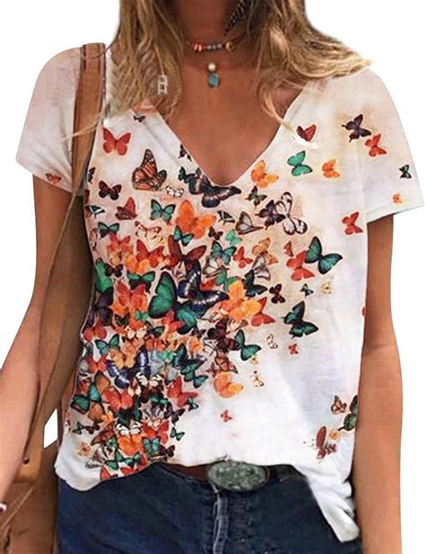 Twzh Women V Neck Butterflies Graphic Tshirt Short Sleeve Stylish Tee