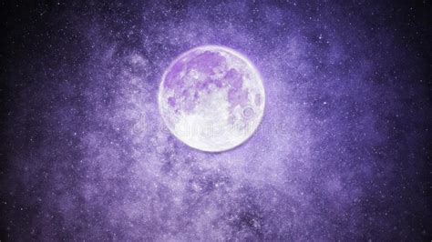 Beautiful Purple Night Sky With Many Stars And Bright Full Moon Stock