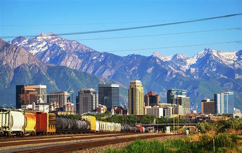 Skyline Of Salt Lake City Downtown In Utah With Wasatch Range Mountains