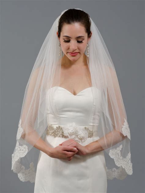2 Tier Ivory Elbow Alencon Lace Wedding Veil V041 V041 Wedding Veils