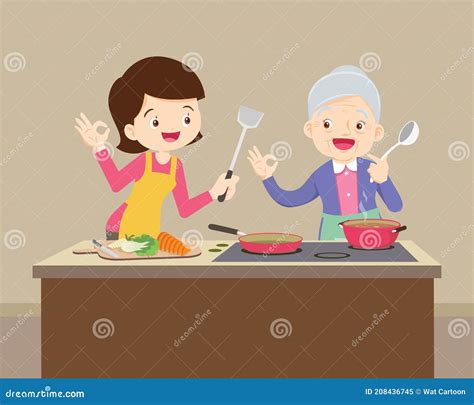 Lovely Grandmother And Woman Cooking In Kitchen Okay Gesture Stock