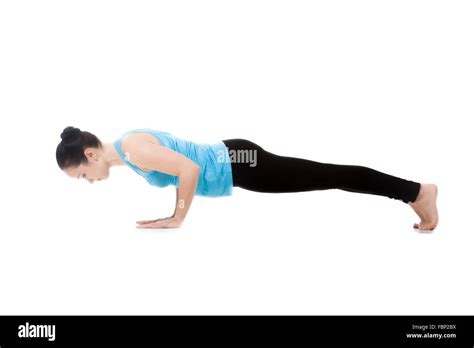 Sporty Yogi Girl Doing Yoga Exercises Push Ups Pose Chaturanga