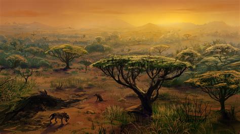 Africa Artistic Hyena Landscape Painting Savannah Tree Wallpaper