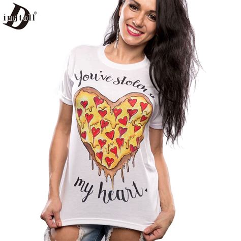 Dingtoll Pizza My Heart Crew Neck T Shirt Women Harajuku Tee Shirt