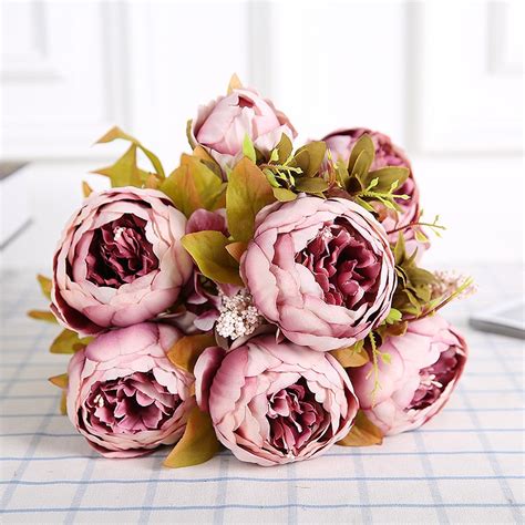 hot artificial peony silk pu flowers european decorative bouquet fall vivid peony fake leaves