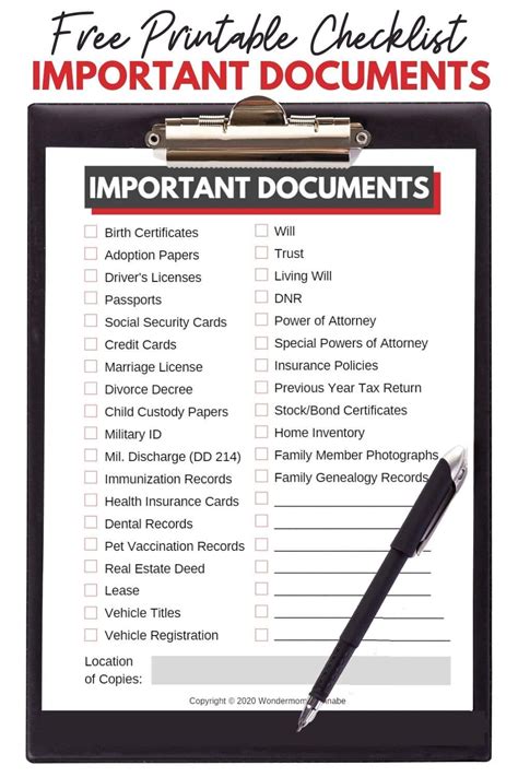 Free Printable Important Documents Checklist