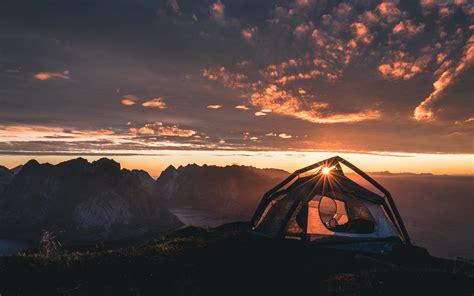 Tent Camping Mountains Landscape Sunset Photography Sun Rays