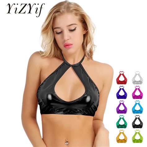 yizyif women tank tops shiny sexy crop tops metallic faux leather sleeveless halter neck cut out