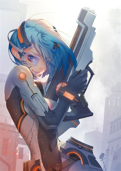 Anime Anime Girls Short Hair Blue Hair Rifles Suits