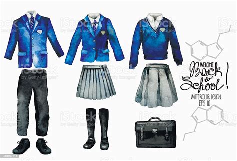 Watercolor School Uniform Set In Blue Color Stock Illustration