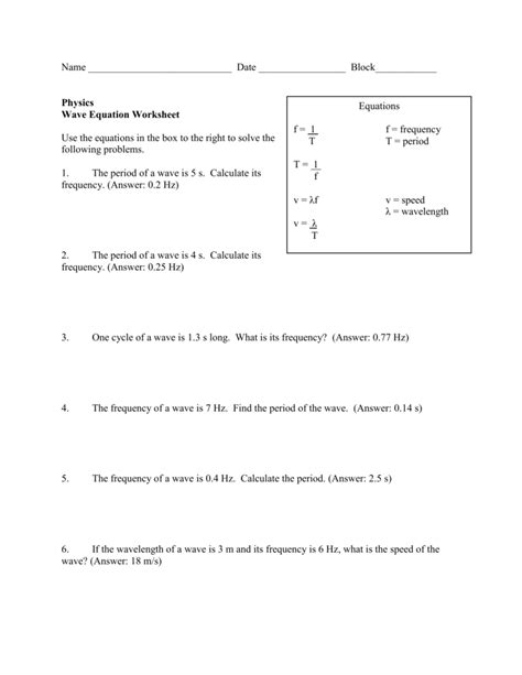 Students use the wave equation and explain how to solve wave equation problems to the class. wave equation worksheet