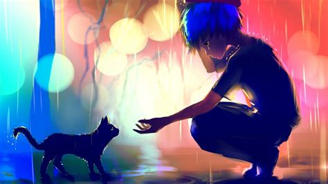 Wallpaper Loneliness Cat Scenic Anime Boy Raining Sad Resolution