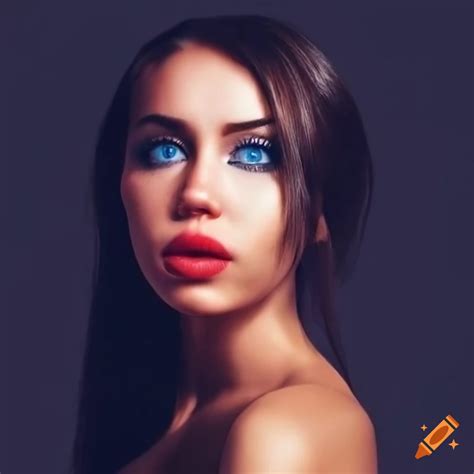 Close Up Portrait Of A Beautiful Woman With Blue Catlike Eyes