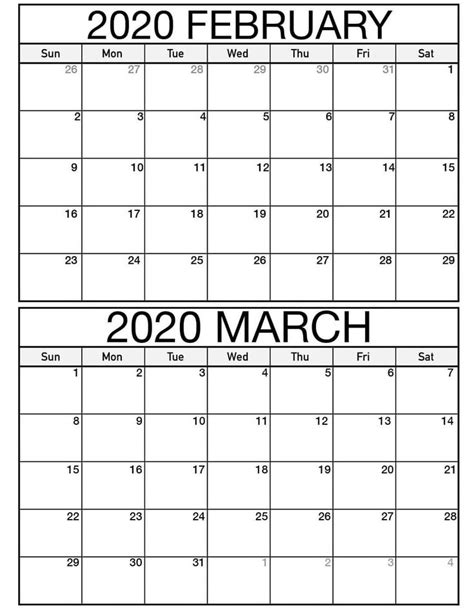 2020 February March Calendar Template Calendar Template Calendar