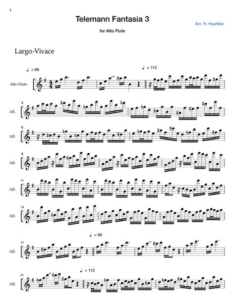 Telemann Fantasia 3 For Alto Flute Sheet Music Georg Philipp Telemann Instrumental Solo