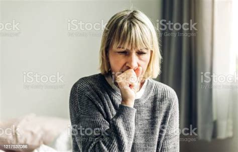 Sick Senior Adult Elderly Asia Women Feeling Unwell Coughing With Sore