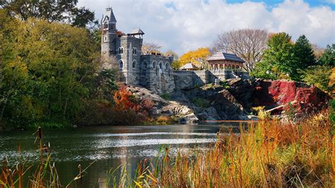 New York City Manhattan Central Park In Autumn With Belvedere Castle And Trees Over Lake Usa