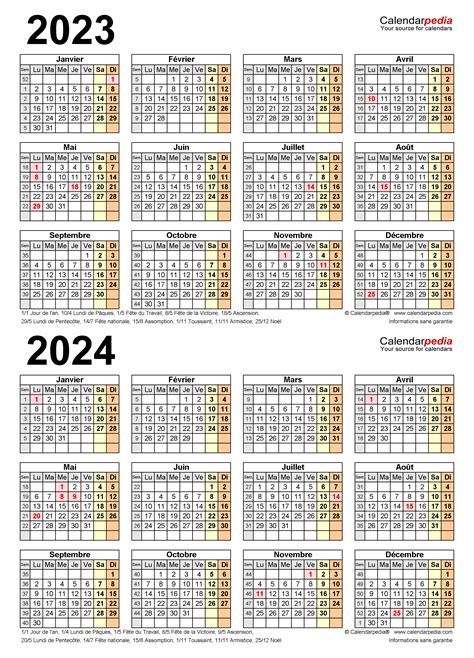Calendrier 2023 Et 2024 Excel Word Et Pdf Calendarpedia